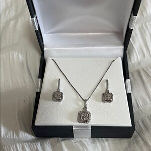Sterling Silver Square Halo Necklace and Earring Set - White